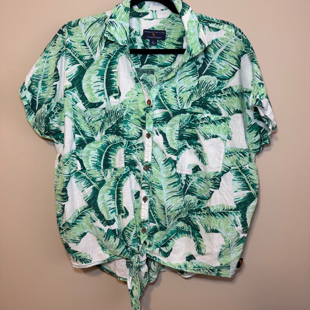 Margaritaville Island Reserve Green Banana Leaf Tie Front Linen Blend Top XL
